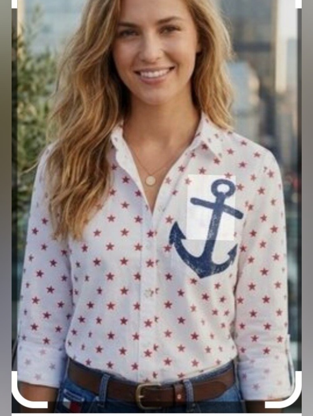 NWOT Tommy Hilfiger Stars and Anchor Print Button Up Blouse Roll Tab Sleeve M